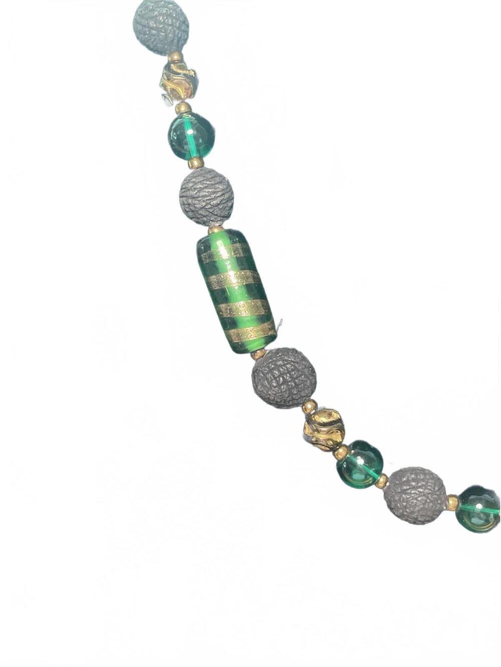 Vintage Glass Bead Black and Green Beaded Necklace